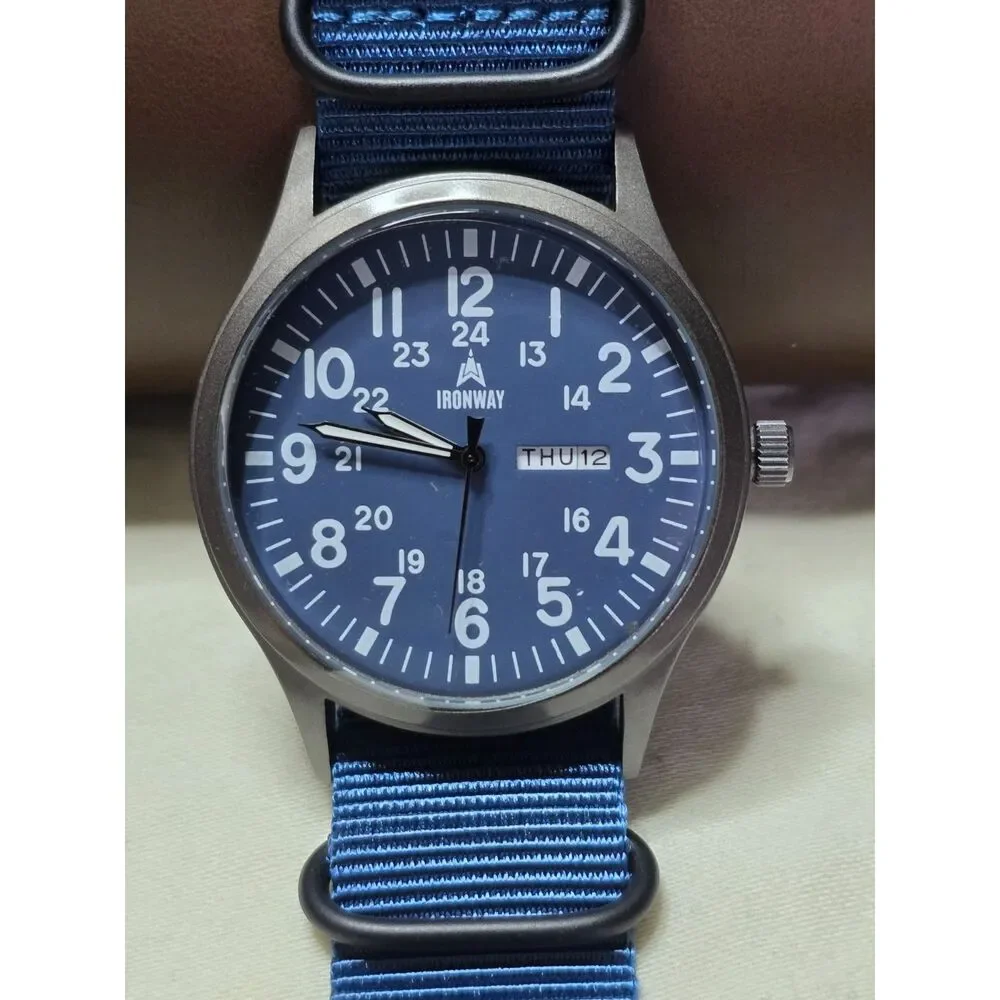 Ironway Military Field Watch Blue Dial Day Date Quartz Blue NATO Strap Box - US